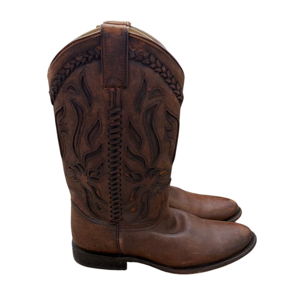 Frye Wyatt Overlay Cowgirl Boots Dark Brown Leather Laser Cut Mid Calf Sz 8.5